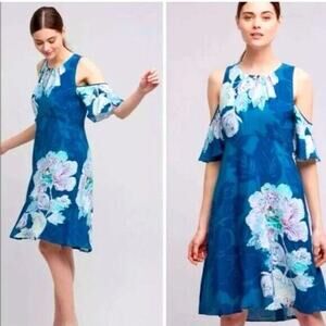 Anthropologie Maeve Womens Floral Cold Shoulder Fit & Flare Dress US 12‎ Blue
